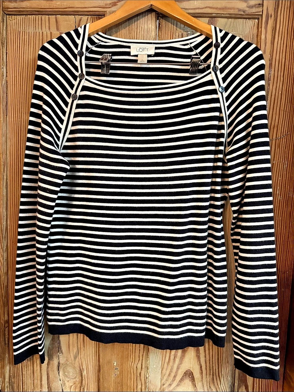 Ann Taylor LOFT Striped square button Neck Sweater in Black & White Size Large
